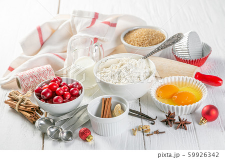 Christmas baking concept - ingredients and decorations 59926342