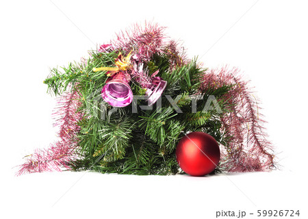 Fir branches decorated with New Year's toys and tinsel. 59926724