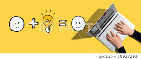 Good idea equals happy with person using laptop 59927293