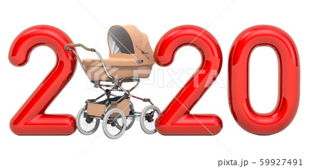 2020 with baby stroller, 3D rendering 59927491
