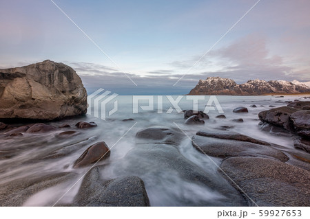 Beautiful rocks at Uttakleiv Beach, Lofoten Islands, Norway, Scandinavia, long exposure 59927653