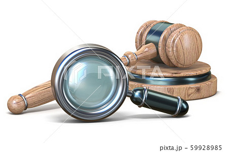 Magnifying glass and judge hammer 3D 59928985