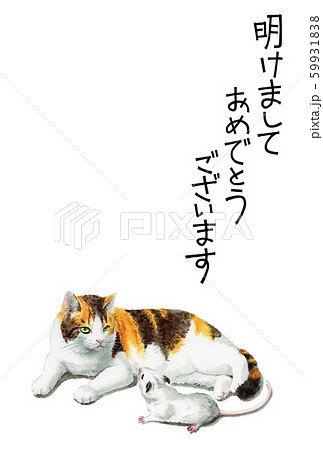 水彩で描いた三毛猫とねずみのイラストの年賀状のイラスト素材