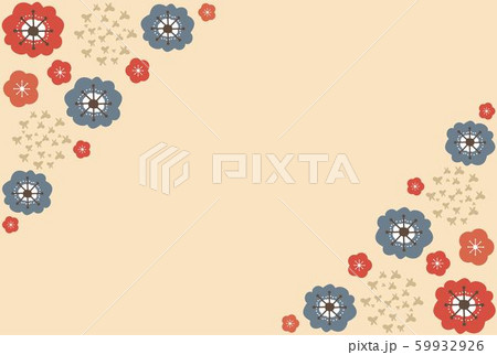 ピンクの背景と赤と藍色の梅の花の年賀状フレームのイラスト素材