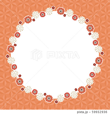 幾何学模様のスクエアの背景と赤い梅の花の丸いフレームのイラスト素材