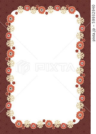 赤茶色の和柄の背景と梅の花のフレームのイラスト素材