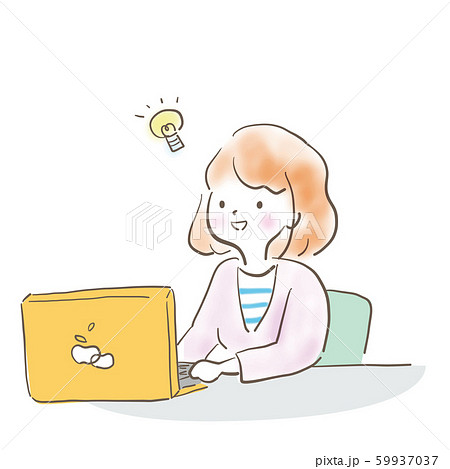 笑顔でパソコン作業をしている女性のイラスト素材