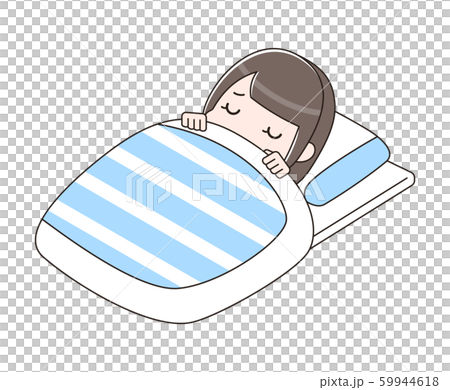布団に入って不安そうにしている女性のイラスト素材 布団に入って不安そうにしている女性のイラスト素材