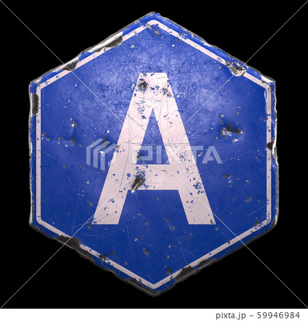Public road sign in blue color with a capitol white letter A in the center isolated black background. 3d Public road sign in blue color with a capitol white letter A in the center isolated black background. 3d 59946984
