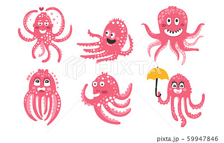 Humanized pink octopuses. Set of vector illustrations. 59947846