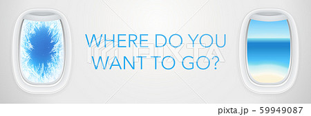 Airplane porthole vector template (flight concept) with winter frost pattern on aircraft window and ocean beach view. Plane banner design for tourism agency with creative travel background Airplane porthole vector template (flight concept) with winter frost pattern on aircraft window and ocean beach view. Plane banner design for tourism agency with creative travel background 59949087