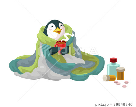 Penguin in blanket with mug hot tea and drugs. Recovers for cold Penguin in blanket with mug hot tea and drugs. Recovers for cold 59949246