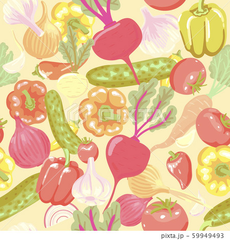 Vegetables. Pattern of different vegetables for salad. Tomatoes, ogurtsy, ray and so on. Vector seamless pattern. 59949493