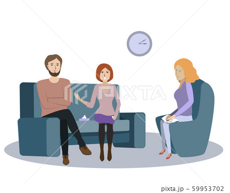 Family couple psychotherapy session, vector illustration. Young angry women speaks about her offence and resentment against the husband. Gestalt psychotherapist woman and her patiients 59953702