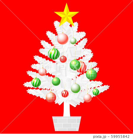 赤と緑のオーナメントで飾っているクリスマスツリーのイラストのイラスト素材