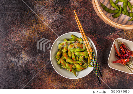 Cooked green edamame, japanese food. 59957999
