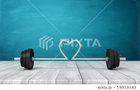 3d rendering of barbell with its bar bent in shape of heart in the middle, on wooden surface near blue wall. 59959383