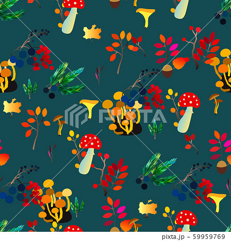 Autumn vector seamless pattern with berries, acorns, pine cone, mushrooms, branches and leaves. 59959769