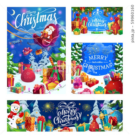 Merry Christmas greeting, Santa and gifts in snow Merry Christmas greeting, Santa and gifts in snow 59960160