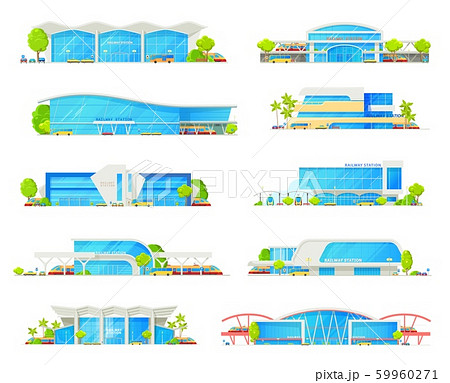 Railway station, train and railroad platform icons 59960271