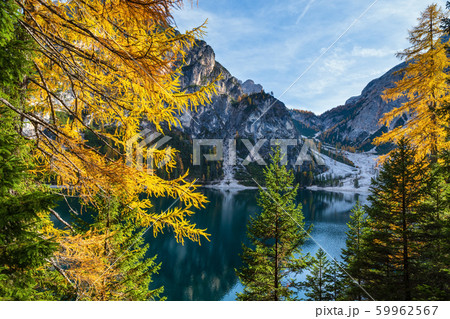 Autumn peaceful alpine lake Braies or Pragser 59962567