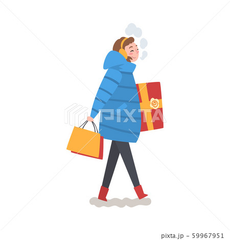 Smiling Girl in Winter Clothing Walking with Gift Box and Shopping Bag, Girl Doing Christmas Shopping to Prepare for Christmas and Giving Presents, Festive Mood Vector Illustration 59967951