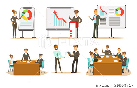 People at the presentation show different graphs. Vector illustration. People at the presentation show different graphs. Vector illustration. 59968717