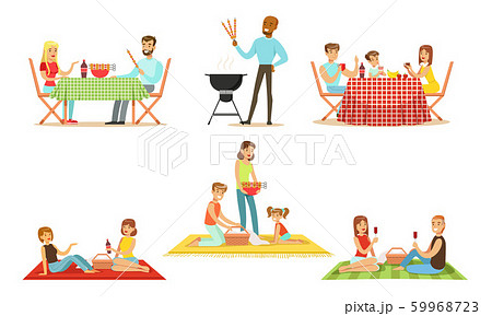 Men and women on the barbecue and picnics. Vector illustration. Men and women on the barbecue and picnics. Vector illustration. 59968723