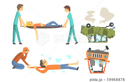 Wrecked Cars After The Accident And Injured のイラスト素材