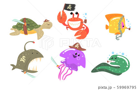 Set of sea animals in a hat and a pirate bandage. Vector illustration. 59969795