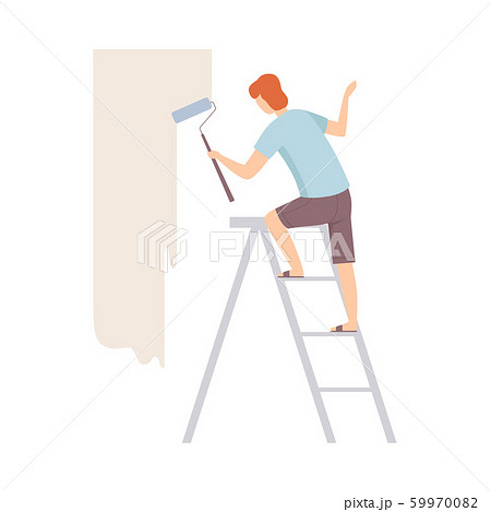 Painter Paints The Wall With Roller Standing On A Ladder Flat Vector Illustration Painter Paints The Wall With Roller Standing On A Ladder Flat Vector Illustration 59970082