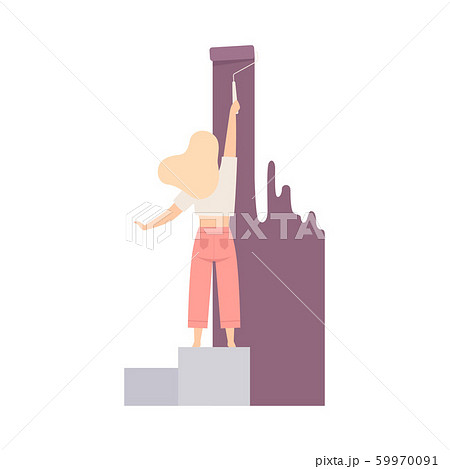 Woman Paints The Wall With Roller In Lilac Flat Vector Illustration 59970091