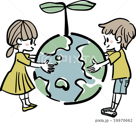 地球と子供のエコロジーイメージイラストのイラスト素材