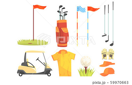 Golf Sport Equipment, Clothes And Game Attributes Vector Illustration Set Isolated On White Background 59970663