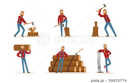 Handsome Bearded Lumberjack In Plaid Shirt At Work Vector Illustration Set Isolated On White Background Handsome Bearded Lumberjack In Plaid Shirt At Work Vector Illustration Set Isolated On White Background 59970774