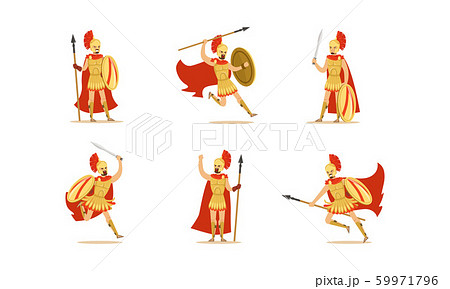 Gladiators Holding Swords Vector Set. Fighting Characters in Action Poses 59971796