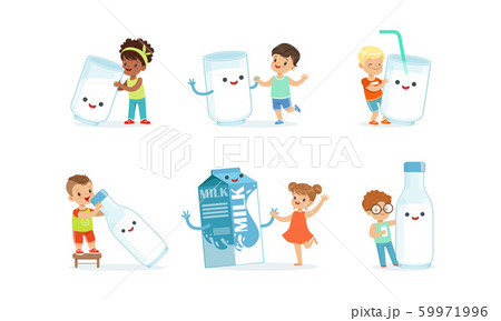 Little Children Having Fun with Big Carton of Milk Vector Set Little Children Having Fun with Big Carton of Milk Vector Set 59971996