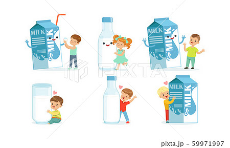 Little Children Having Fun with Big Carton of Milk Vector Set 59971997