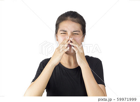 asian woman feel smell foul in white background 59971999