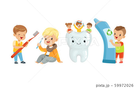 Little Kids Taking Care of Tooth Purity Brushing it With Toothbrush Vector Illustration Little Kids Taking Care of Tooth Purity Brushing it With Toothbrush Vector Illustration 59972026