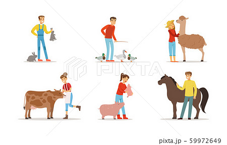 Man and Woman Farmers Taking Care About Domestic Animals on the Farm Vector Illustrations Set Man and Woman Farmers Taking Care About Domestic Animals on the Farm Vector Illustrations Set 59972649