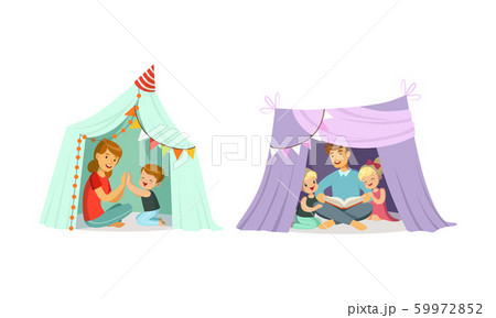 Little Children Sitting and Playing in Handmade Tent At Home Vector Set 59972852