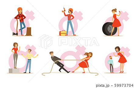 Fragile Woman Doing Male Work And Competes With Man Vector Illustration Set Isolated On White Background Fragile Woman Doing Male Work And Competes With Man Vector Illustration Set Isolated On White Background 59973704