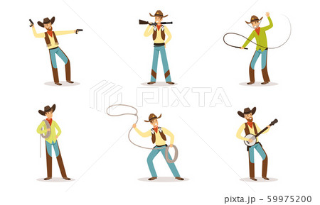 Funny Cartoon Character Of Western Cowboy With Wild West Attributes Vector Illustration Set Isolated On White Background 59975200