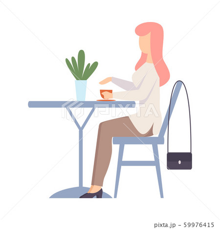 Woman with a cup is sitting at the table. Vector illustration. 59976415