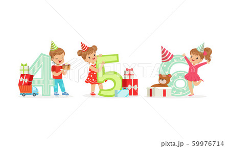 Children in party hats are standing next to large numbers. Vector illustration on a white background. Children in party hats are standing next to large numbers. Vector illustration on a white background. 59976714