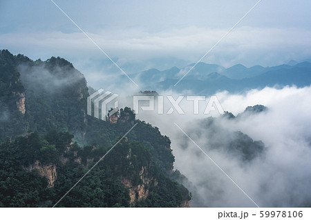 Low clouds engulfing stone pillars of Tianzi 59978106