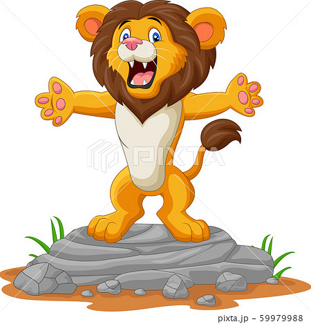 Happy cartoon lion posing on the rock 59979988