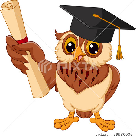 Cartoon owl wearing graduation cap holding diploma 59980006