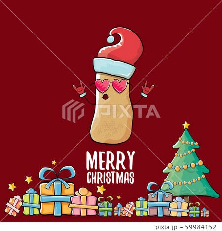 vector funky comic cartoon cute brown smiling santa claus potato with red santa hat, gifts, tree and calligraphic merry christmas text isolated on red background. vegetable funky christmas character 59984152